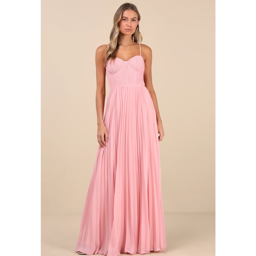 Lulus Admirable Elegance Light Pink Pleated Bustier Lightweight Maxi Dress NWT M
